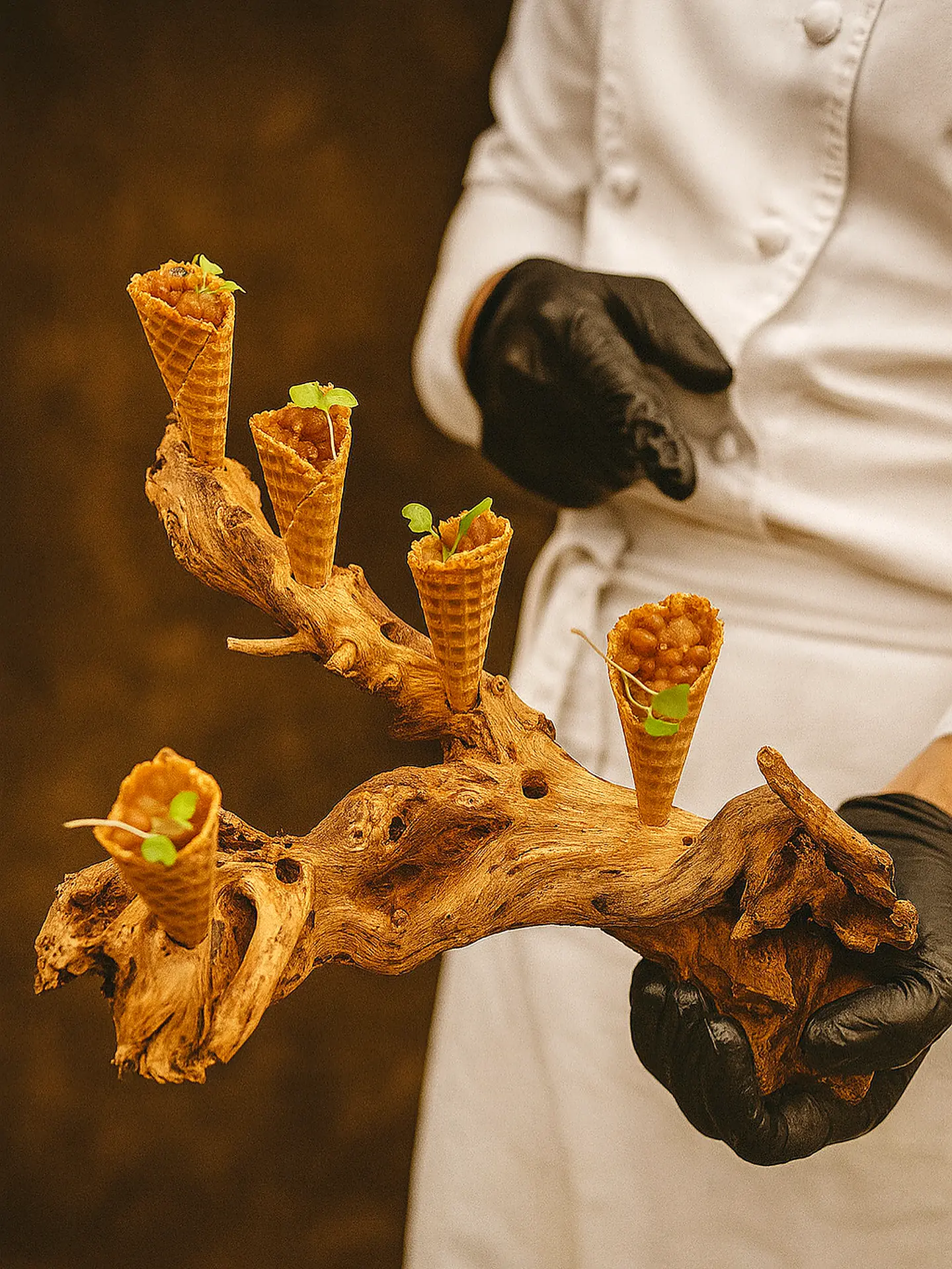 Canapé cones presented on driftwood