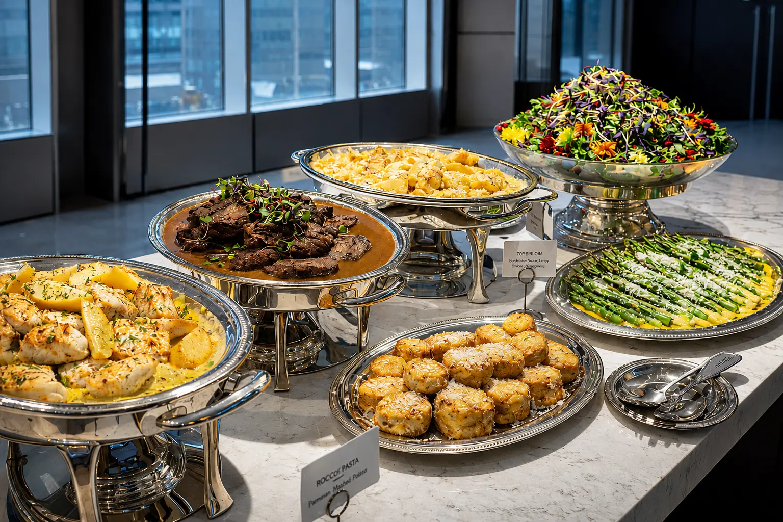 Silver station buffet with plated entrées at a corporate event