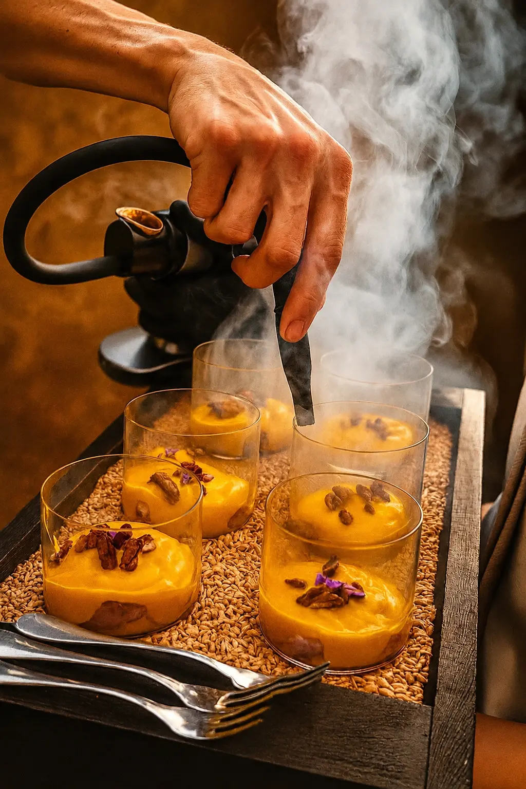 Smoked dessert cups finished tableside