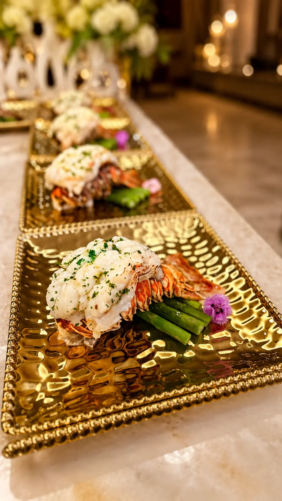 Lobster tail on gold service tray
