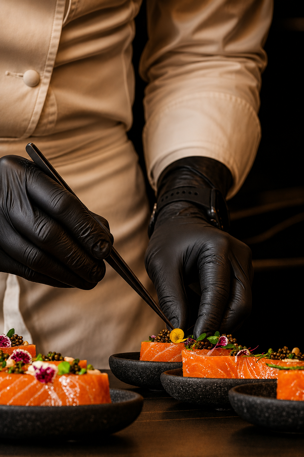 Chef finishing salmon and caviar bites with tweezers