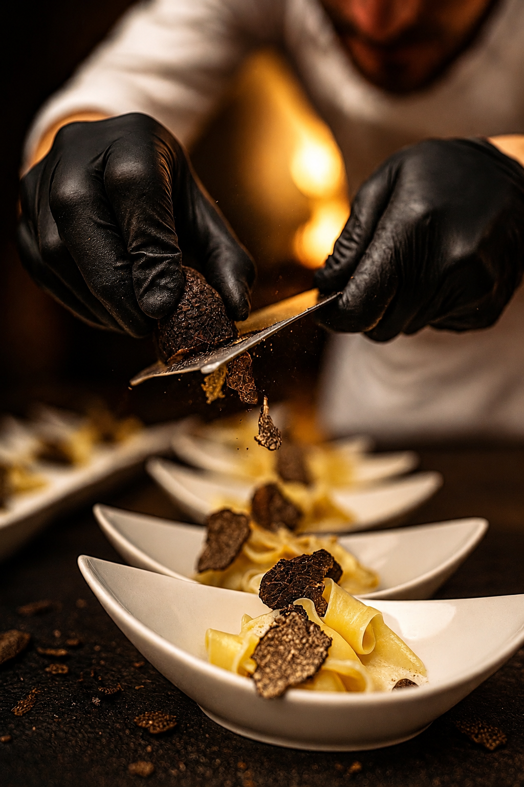 Fresh black truffle shaved over pasta tasting spoons