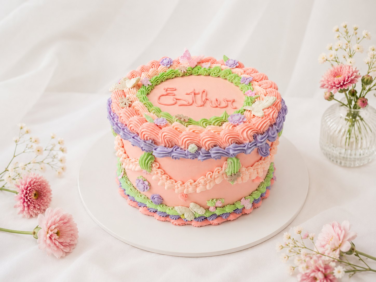 Blush pink textured buttercream cake with dried florals