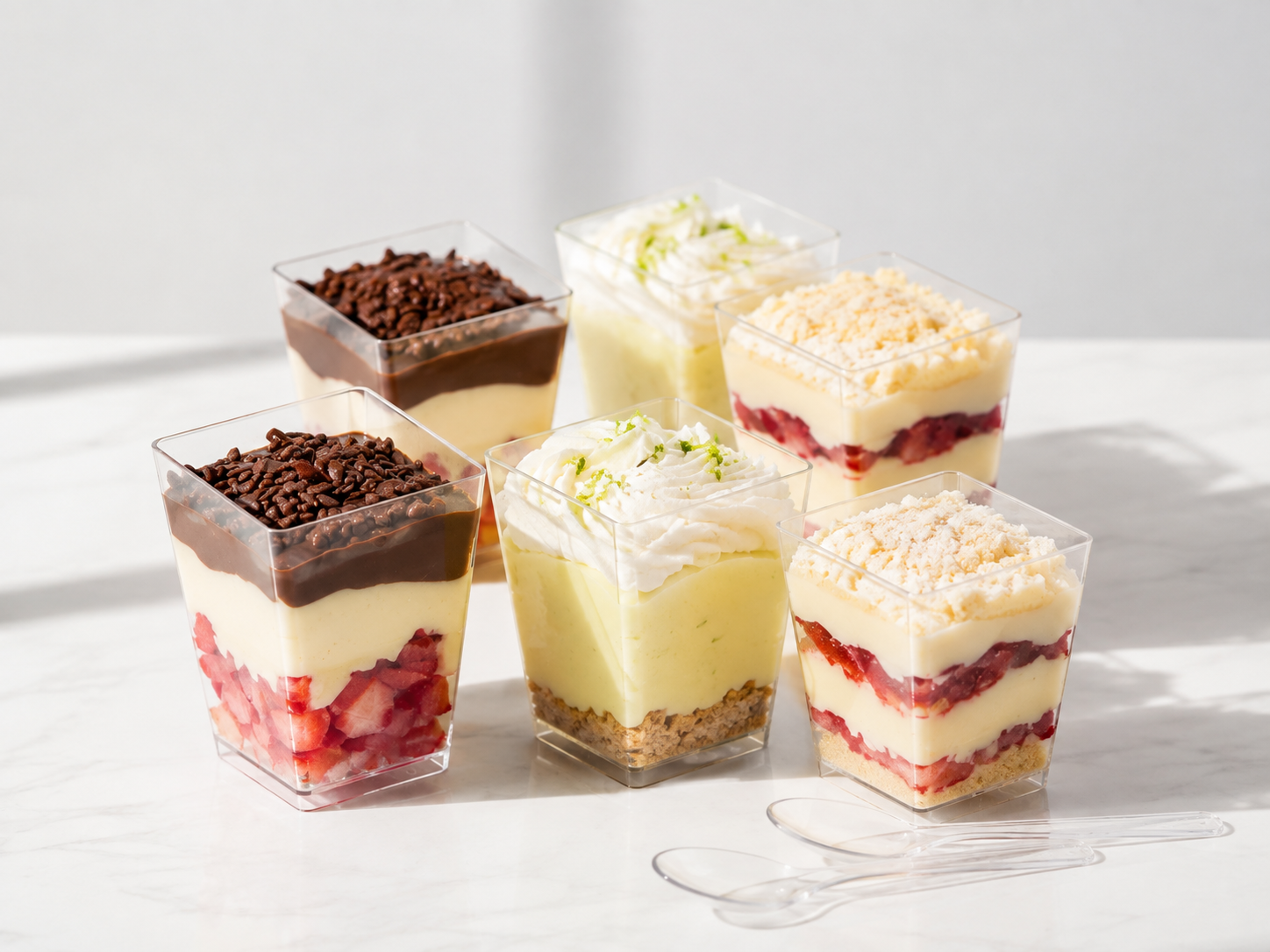 Individual Brazilian-inspired layered desserts in glass cups