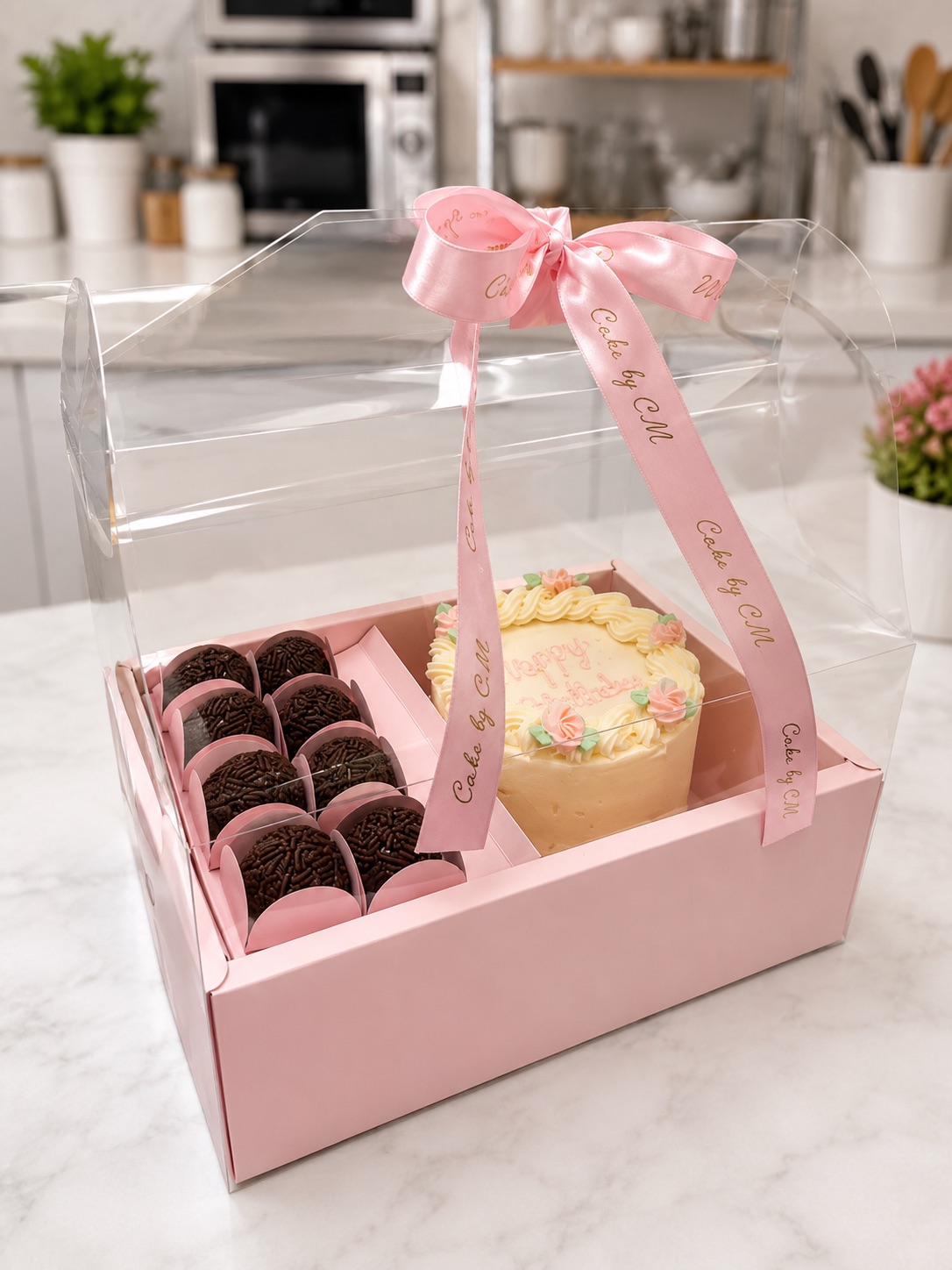Elegant cake and dessert gift boxes in ivory sage and blush
